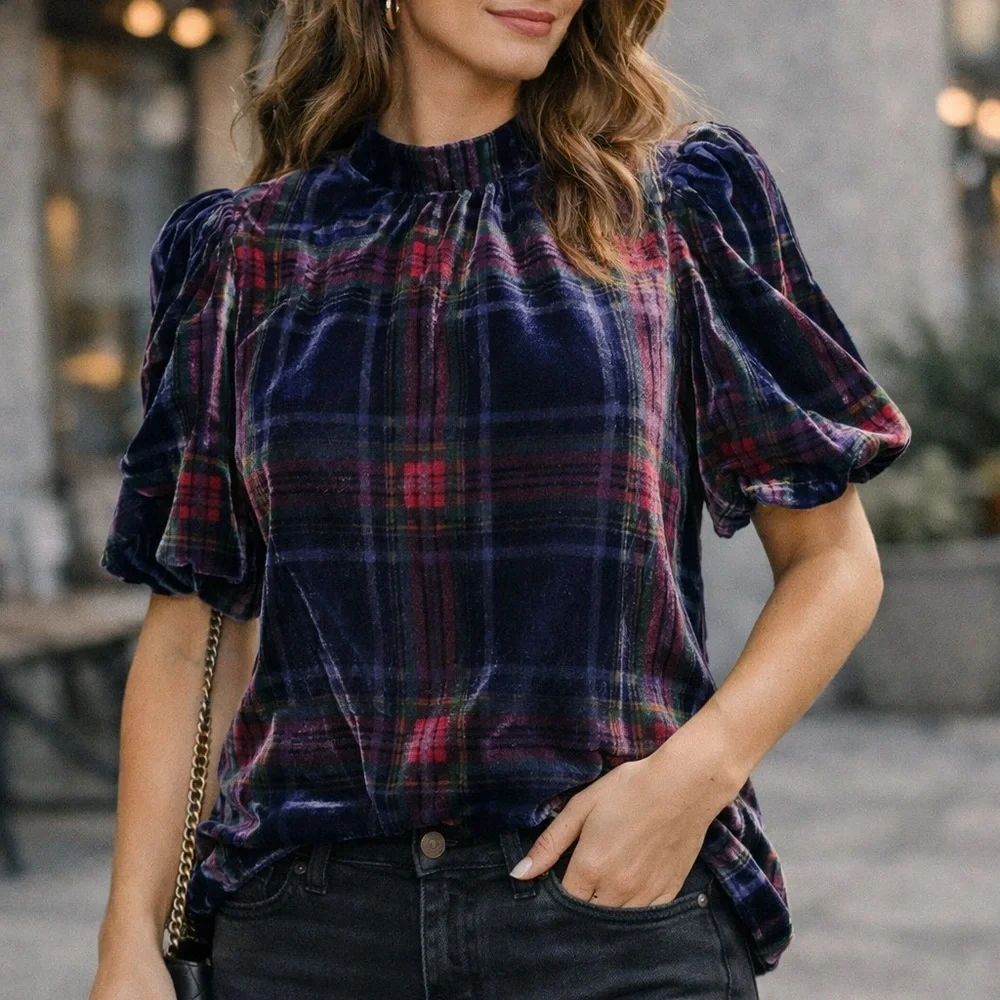 Boden Velvet Plaid Puff Sleeve Top - Navy, Red & Green size US 4 UK 8